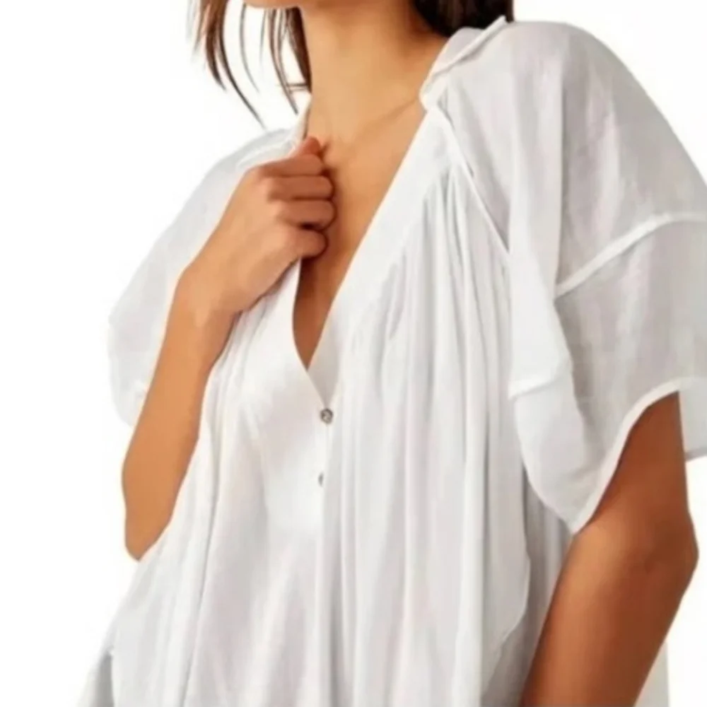 NWT We the Free People Boho Sunray Babydoll White V-Neck Short Sleeve Womens Top